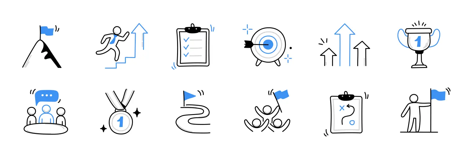 Business Herausforderung Person, Arbeit Gelegenheit doodle icon set.